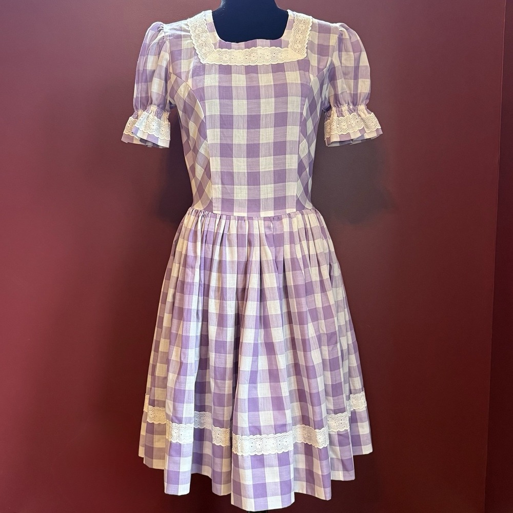 VTG 50s Handmade Purple Gingham Eyelet Lace Prairie Country Square Dancing Dress